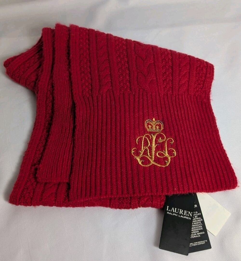 NWT LRL Lauren Ralph Lauren Scarf Red Gold Monogram Crown Cable Knit Red Wool